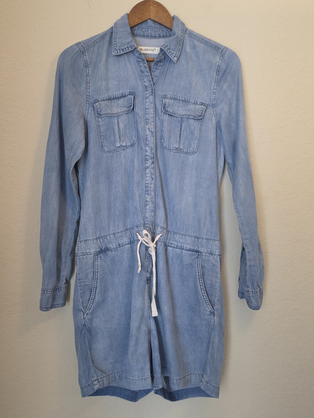 Blank NYC Denim Romper Womens Small Light Wash Tie Waist Flap Pocket Y2K Retro